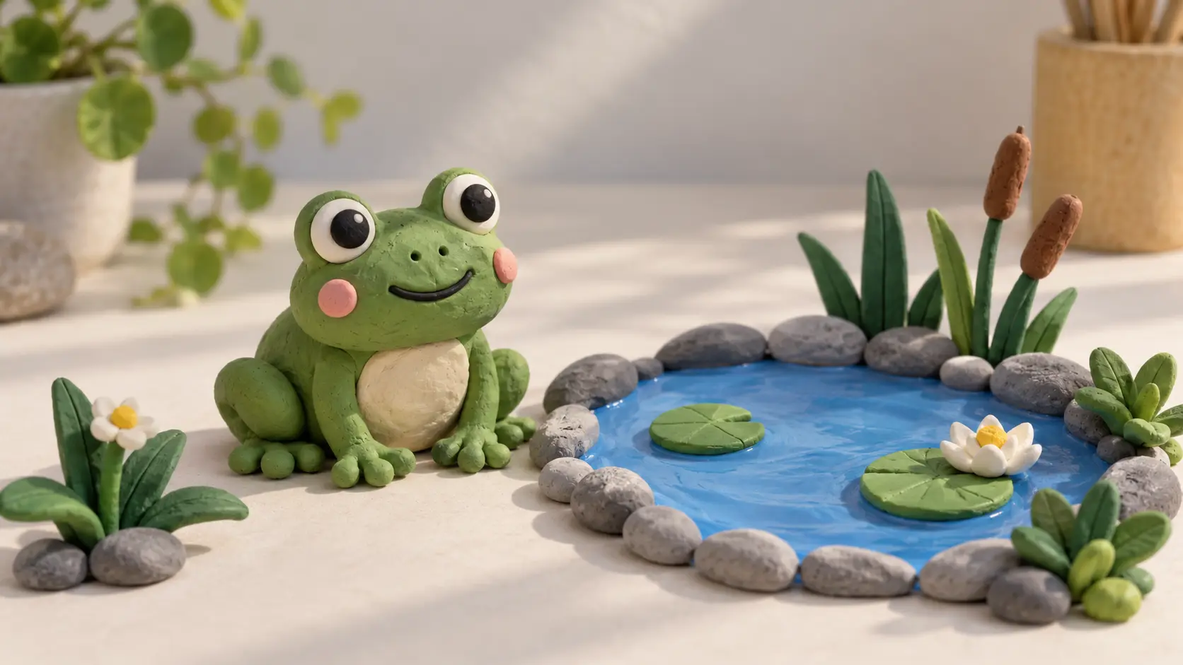 黏土青蛙与睡莲池塘-diorama.webp