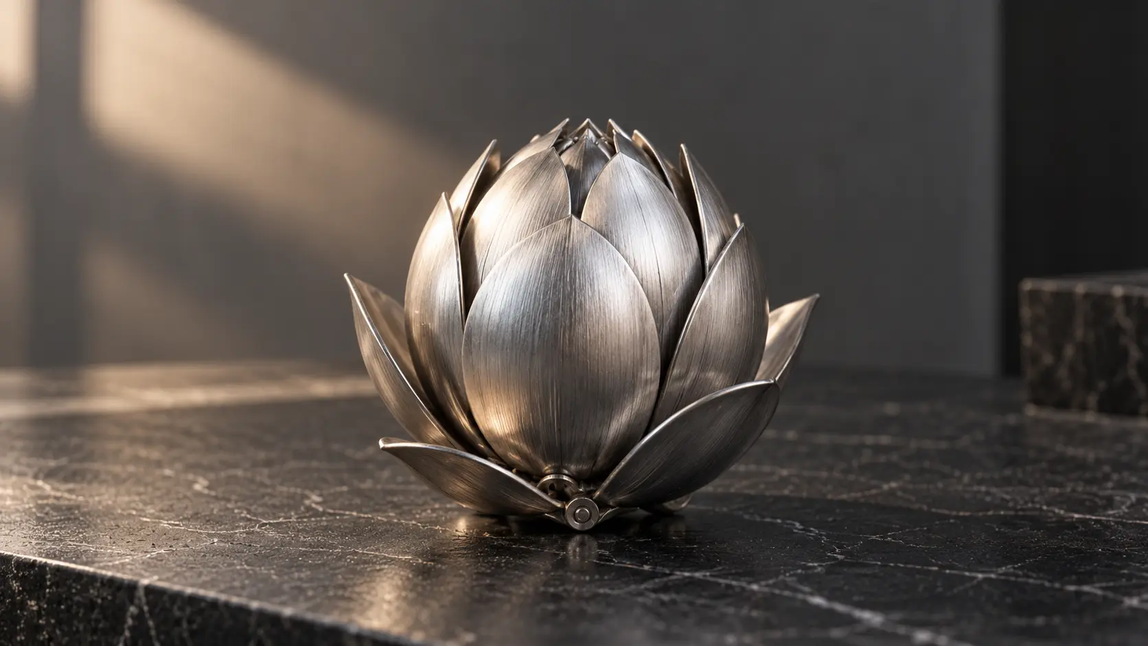 暗色大理石上的银色机械莲花.webp